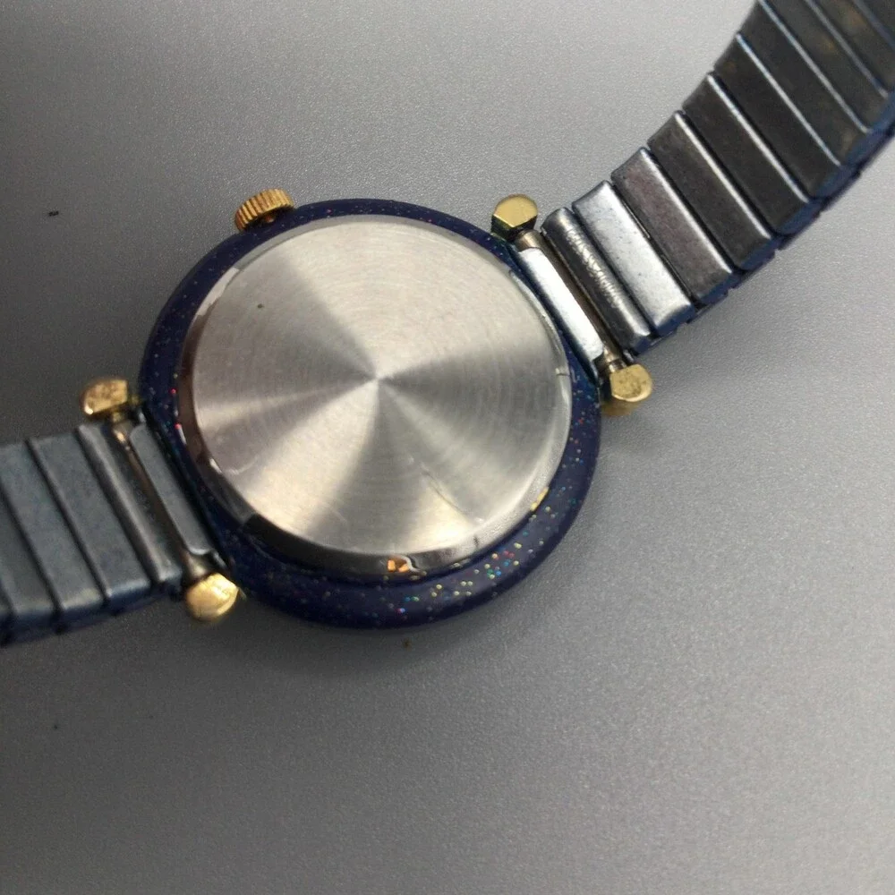 David Design Womens Watch 25mm Crystal Bezel Stretch Band Gold Tone New Battery